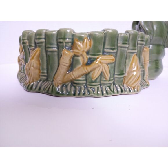 Majolica Pottery Lucky Happy Trunk Up Elephant with Bamboo Vintage Planter - Picture 10 of 11